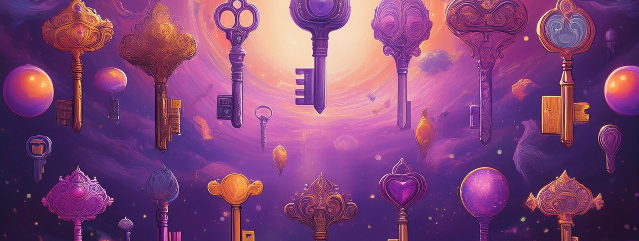 a picture of 10 different keys and 10 different doors flying in space; they're all different shapes